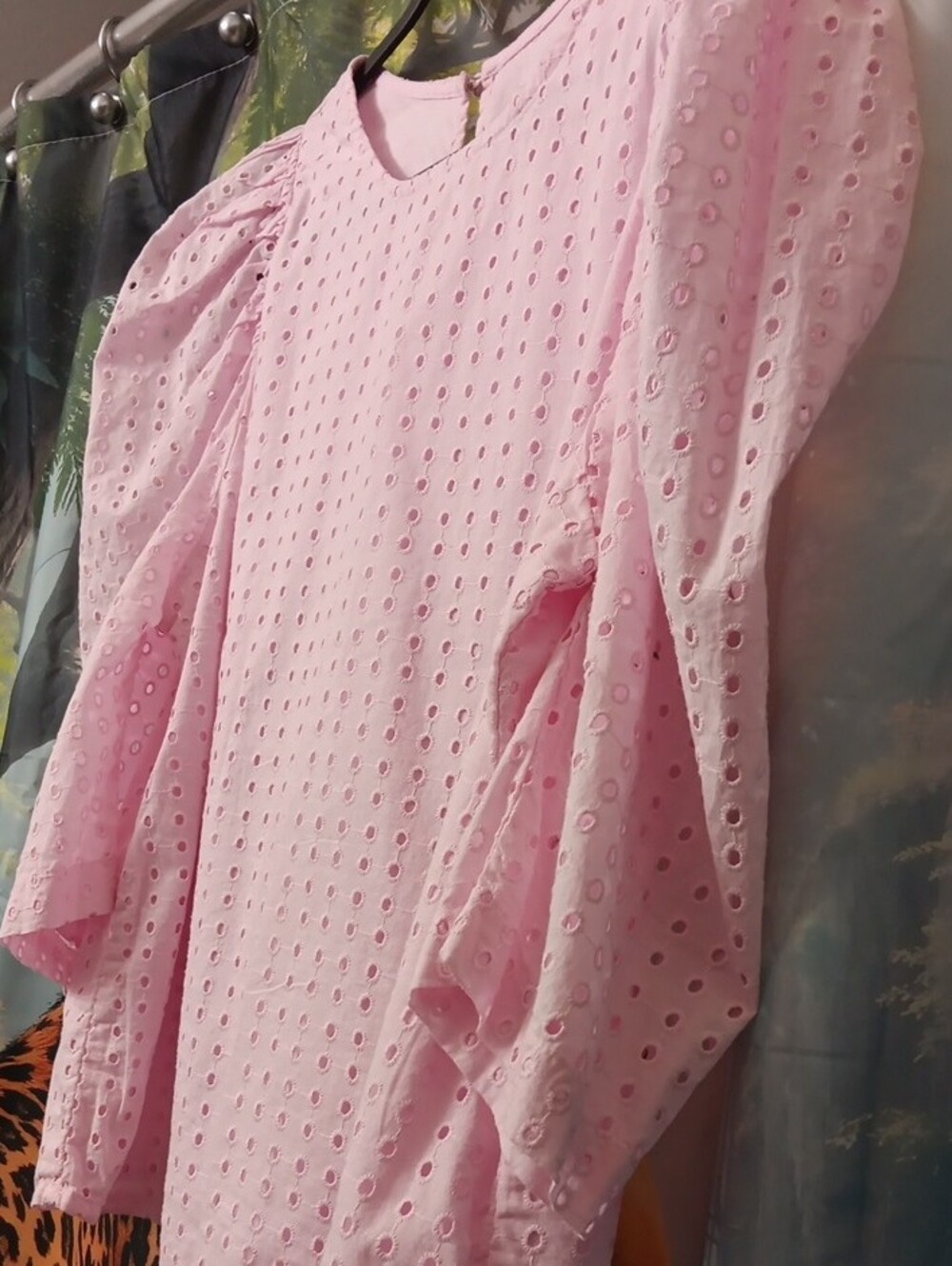 Cotton Candy Puff-Sleeve Eyelet Blouse